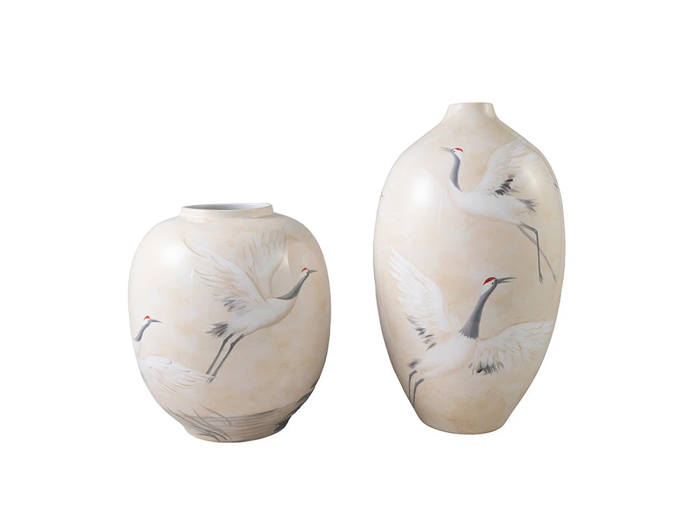 Cranes Hand Painted Ceramic Vase, Tall 2 Cranes Hand Painted Ceramic Vase, Tall - Image 2