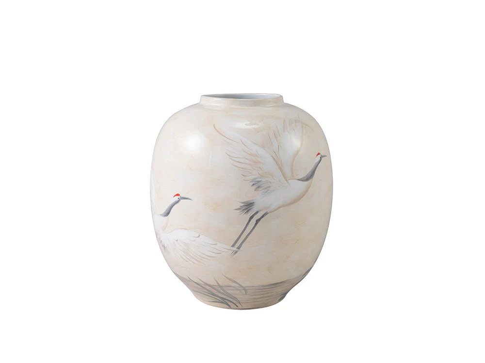 Cranes Hand Painted Ceramic Vase, Low 1 Cranes Hand Painted Ceramic Vase, Low